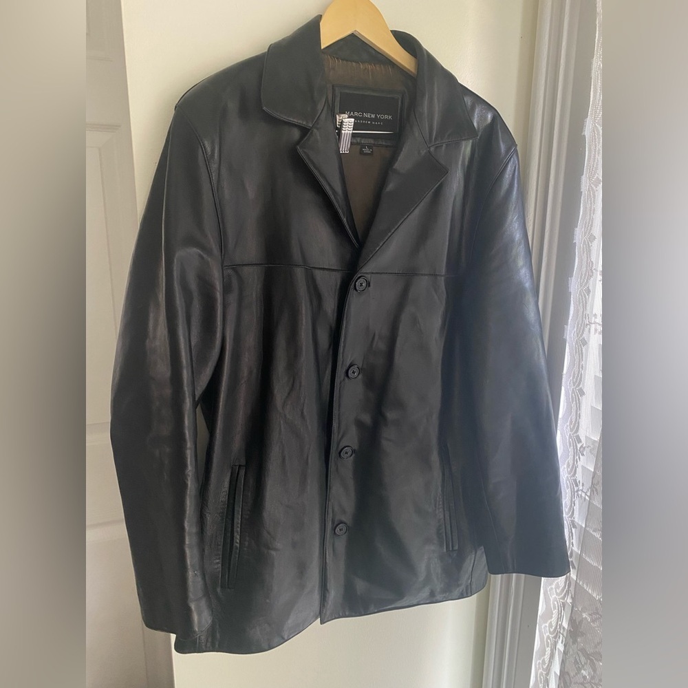 Marc New York Vintage Leather Jacket Mens Black Trench Coat Andrew Size Large L